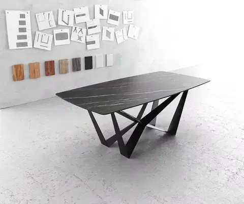 Jedálenské stoly DELIFE Jedálenský stôl Edge oválny tvar 200x100 cm Laminam® keramika Noir Desir hnedá stredová podstava plochá oceľ čierna