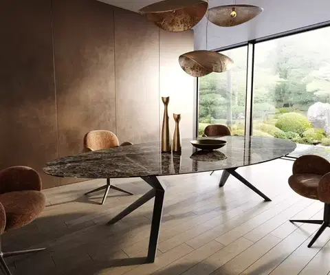Jedálenské stoly DELIFE Jedálenský stôl Edge oválny 315x150 keramika Laminam®Emperador Extra Lucidato tmavohnedá Zenthara hranatý kov čierna