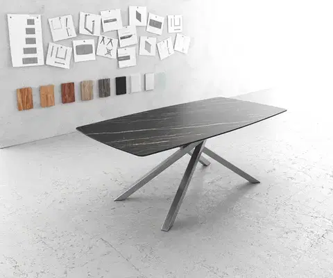 Jedálenské stoly DELIFE Jedálenský stôl Edge oválny tvar 200x100 cm Laminam® keramika Noir Desir hnedá krížová podstava nerezová oceľ hranatý