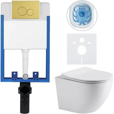 Záchody CERANO - Kompletný WC set Profi/Cesso - biela lesklá - WC tlačidlo Duo/Zlatá - na zamurovanie - 49x36 CER-8050BD84212