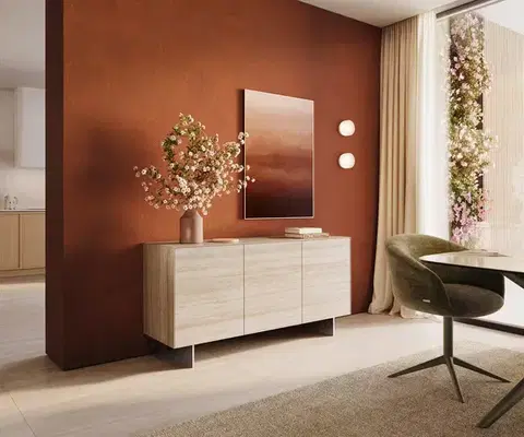 Komody DELIFE Komoda Cuor 150 cm keramika Laminam® Travertino Bianco krémovo biela 3 dvierka podstava závesná nerezová oceľ
