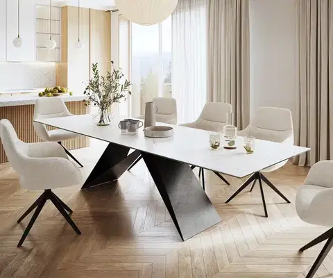 Jedálenské stoly DELIFE Jedálenský stôl Edge 300x100 cm keramika Laminam®Statuarietto biela podstava v tvare V čierna