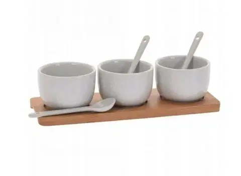 Misy a misky Kinekus Miska servírovacia porcelánová na drevenom podnose 3ks+ 3ks lyžičiek