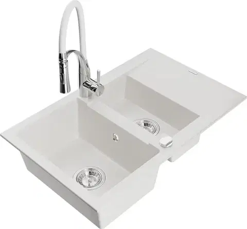 Kuchynské drezy MEXEN/S MEXEN/S - Gaspar granitový drez 1.5 s odkvapkávačom vrátane batérie Aster, biela 6507-20-73450-02