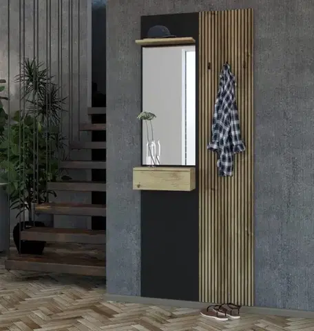 Vešiaky WALERIA 02 vešiakový panel s lamelami, čierny / dub Karlstad