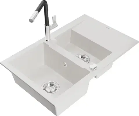 Kuchynské drezy MEXEN/S MEXEN/S - Gaspar granitový drez 1.5 s odkvapkávačom vrátane batérie Flora, biela 6507-20-670401-07