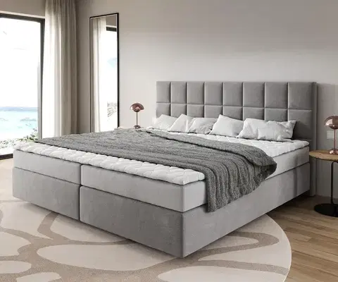 Postele Boxspring DELIFE Boxspring posteľ Dream-Fine mikrovlákno sivá 200x200 cm bonellový matrac PU-topper