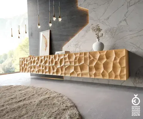 Televízne stolíky DELIFE TV stolík Solu 260 cm dub prírodný 2 dvierka 6 zásuviek závesný 3D čelo