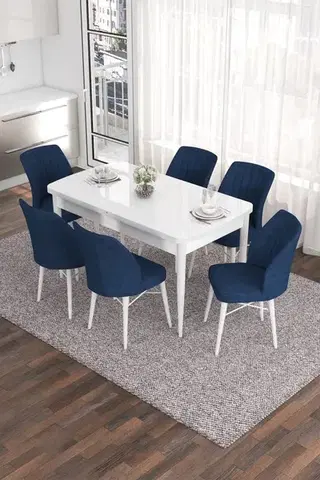 Jedálenské sety Extendable Dining Table & Chairs Set (7 Pieces) Eva - White, Navy Blue