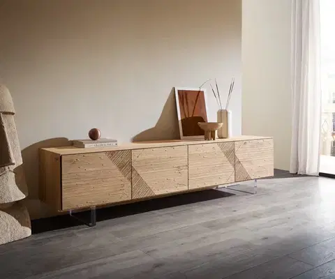 Televízne stolíky DELIFE TV stolík Tereos 220 cm dub prírodný 3D efekt 4 dvierka podstava závesná akrylové sklo