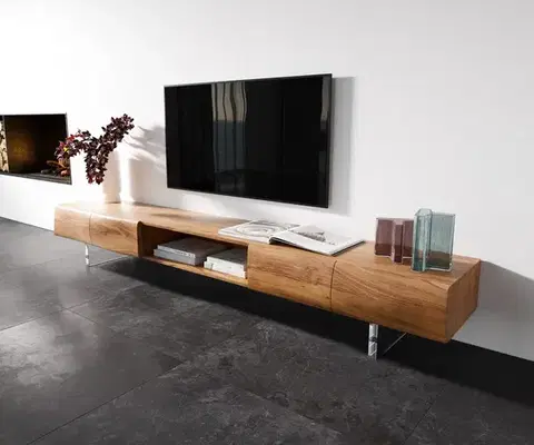Televízne stolíky DELIFE TV stolík New Live-Edge 240 cm akácia prírodná 4 dvierka 1 priehradka akrylová podstava
