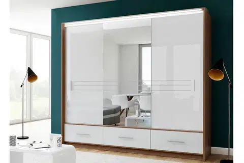 Šatníkové skrine HOLAND šatníková skriňa so zrkadlom 250L biely lesk