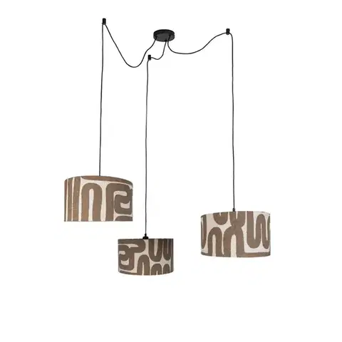 Závesné svietidlá Závesná lampa čierna s hnedým béžovým tienidlom 35cm 3-svetlá - Cava
