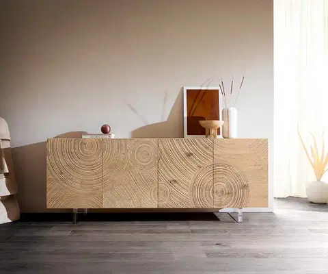 Komody DELIFE Komoda Ashara 200 cm dub prírodná 3D efekt 4 dvierka podstava závesná akrylové sklo