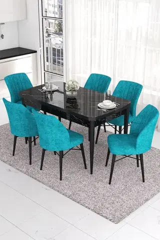 Jedálenské sety Extendable Dining Table & Chairs Set (7 Pieces) Eva - Black Marble, Turquoise