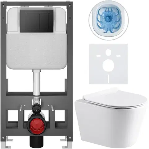 Záchody CERANO - Kompletný WC set Basic/Carlito - biela lesklá - WC tlačidlo Maxio/Čierna - voľne stojaca - predstenová inštalácia - 48,5x36,5 CER-8050BD86037