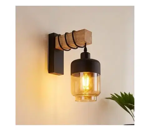 Svietidlá BRILAGI - Nástenné svietidlo WOOD GLASS 1xE27/60W/230V borovica/čierna/dymovo-hnedá EG44078+NSTK7324