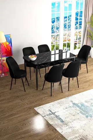 Jedálenské sety Extendable Dining Table & Chairs Set (7 Pieces) Han - Black Marble, Black