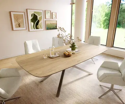 Jedálenské stoly DELIFE Jedálenský stôl Edge zaoblený 240×120 cm keramika Laminam® sabbia v dubovej farbe krížová podstava nerezová oceľ