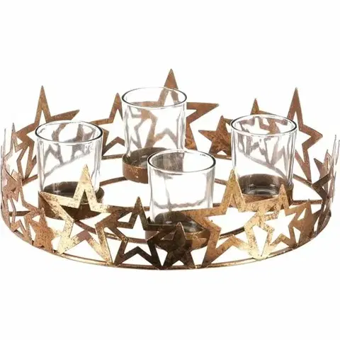 Vianočné dekorácie Adventný svietnik Hviezdy, zlatá, kov, pr. 25 cm