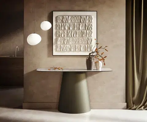 Konzolové stolíky DELIFE Konzolový stolík Edge zaoblený 140×40 cm keramika onyx perla Conos kov titánová farba