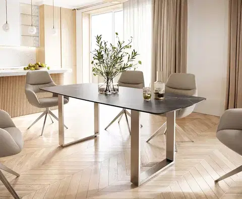 Jedálenské stoly DELIFE Jedálenský stôl Edge oválny tvar 200x100 keramika Laminam® Noir Desir hnedá nerezová oceľ úzky