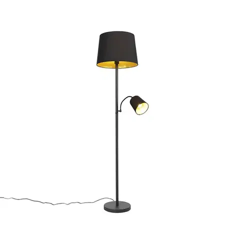 Lampy Klasická stojaca lampa čierna so zlatom a lampou na čítanie - Retro