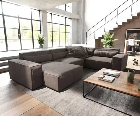 Sedacie súpravy XL DELIFE Pohovka v tvare "U" Sirpio 300x210 cm mikrovlákno khaki-hnedá ležadlo variabilné