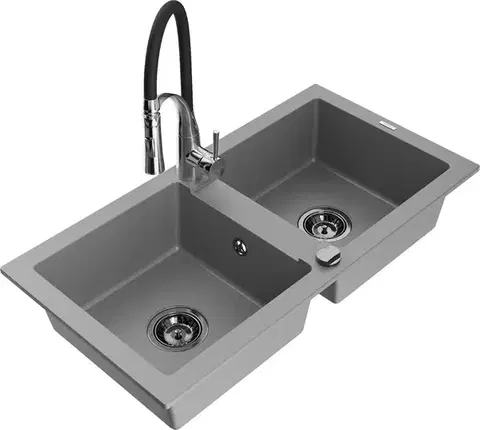 Kuchynské drezy MEXEN/S MEXEN/S - Mario granitový drez 2-bowl vrátane batérie Aster, šedá 6504-71-73450-07-B