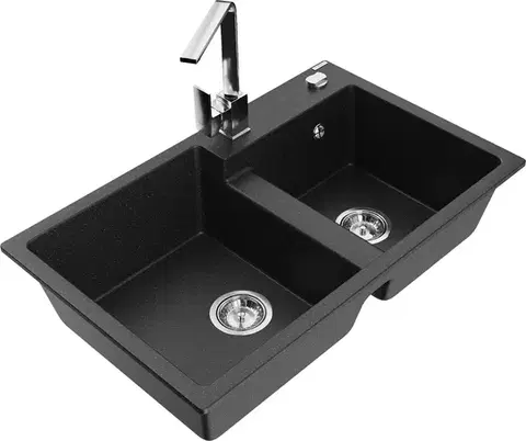 Kuchynské drezy MEXEN/S MEXEN/S - Tomas granitový drez 2-bowl vrátane batérie Rita, čierna/strieborná metalík 6516-73-670300-00