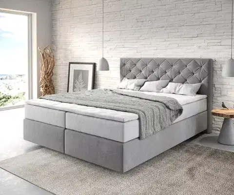 Postele Boxspring DELIFE Boxspring posteľ Dream-Great 160x200 cm mikrovlákno sivá s vreckovou pružinovou matracou a visco topperom