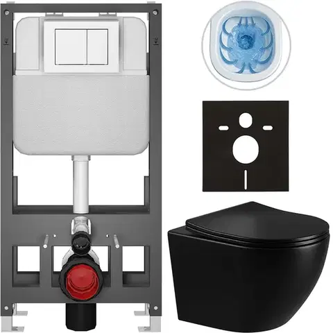 Záchody CERANO - Kompletný WC set Basic/Cesso - čierna lesklá - WC tlačidlo Maxio/Biela - voľne stojaca - predstenová inštalácia - 49x36 CER-8050BD86302