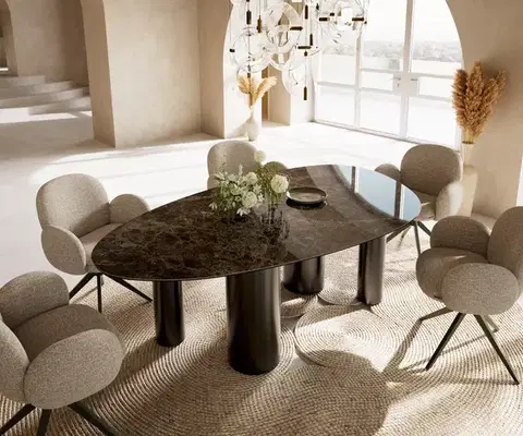 Jedálenské stoly DELIFE Jedálenský stôl Edge oválny 220x120 keramika Laminam® Emperador Extra Lucidato tmavohnedá pilier nerezová oceľ grafitová
