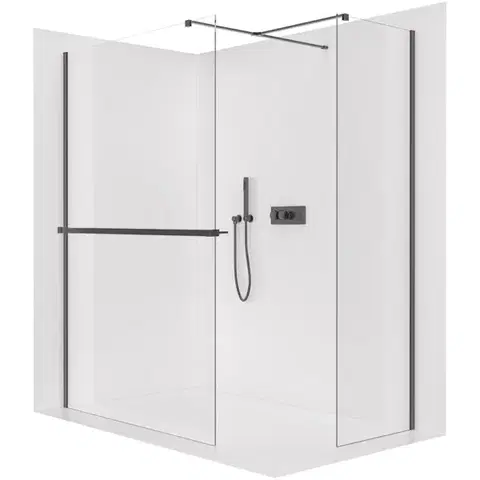 Držadlá k vani CERANO - Sprchová zástěna Walk-in Onyx T L/P - 8 mm - hranatá vzpěra + polička/držák na ručníky - černá matná, transparentní sklo - 160x60x200  CER-8050BD3904