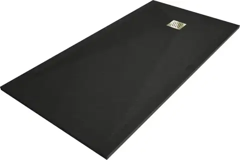 Vane MEXEN/S - Stone+ obdĺžniková sprchová vanička 200 x 90, čierna, mriežka zlatá 44709020-G