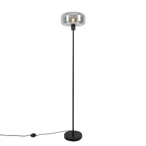 Stojace lampy Stojaca lampa v štýle Art Deco čierna s dymovým sklom - Bizle