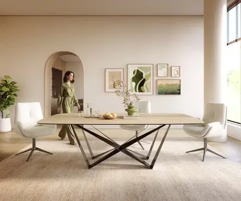 Jedálenské stoly DELIFE Jedálenský stôl Edge zaoblený 240×120 cm keramika Laminam® sabbia v dubovej farbe pavúk plochá oceľ nerezová oceľ grafitová