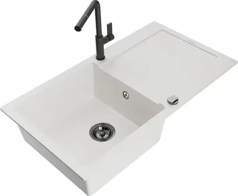 Kuchynské drezy MEXEN/S MEXEN/S - Leo granitový drez 1 s odkvapkávačom vrátane batérie Flora, biela 6501-20-670401-70-B