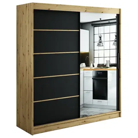 Šatníkové skrine Skriňa Halifax V2 200 Dub Artisan/čierna/Zrkadlo