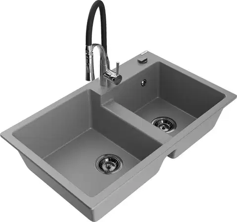 Kuchynské drezy MEXEN/S MEXEN/S - Tomas granitový drez 2-bowl vrátane batérie Aster, šedá 6516-71-73450-07-B