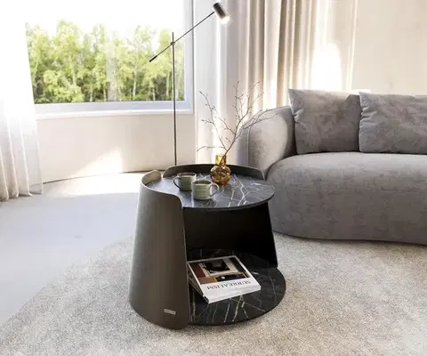 Konferenčné stolíky DELIFE Konferenčný stolík Daban 59x59 cm keramika Laminam®Noir Desir hnedá podstava kov titánová farba