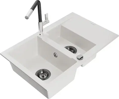 Kuchynské drezy MEXEN/S MEXEN/S - Gaspar granitový drez 1.5 s odkvapkávačom vrátane batérie Flora, biela 6507-20-670401-07-B