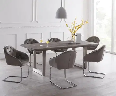 Jedálenské stoly DELIFE Jedálenský stôl Edge 220x100 cm XL akácia platinová nerezová oceľ široký Live-Edge