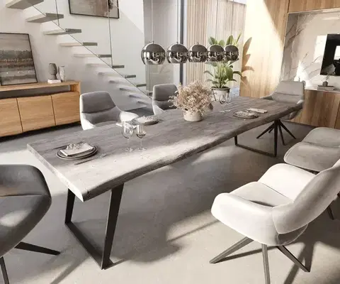 Jedálenské stoly DELIFE Jedálenský stôl Edge 300x100 XL akácia platinová kov šikmý Live-Edge