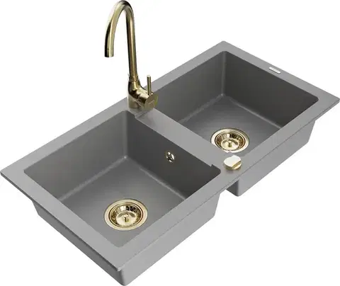 Kuchynské drezy MEXEN/S MEXEN/S - Mario granitový drez 2-bowl vrátane batérie Telma, šedá 6504-71-670200-50