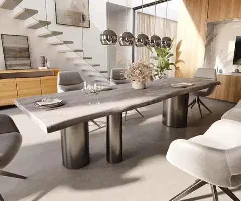 Jedálenské stoly DELIFE Jedálenský stôl Edge 300x100 XL akácia platinová Troa nerezová oceľ grafit Live-Edge