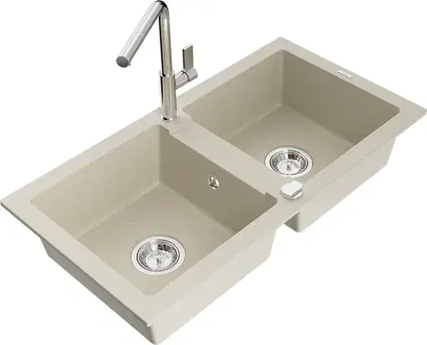 Kuchynské drezy MEXEN/S MEXEN/S - Mario granitový drez 2-bowl vrátane batérie Flora, béžová 6504-69-670401-00