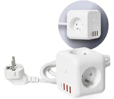 Predlžovacie káble  Predlžovací kábel kocka s vypínačom LINEA 3x230V + 4xUSB A/C biela KGLCZW3U4D1B