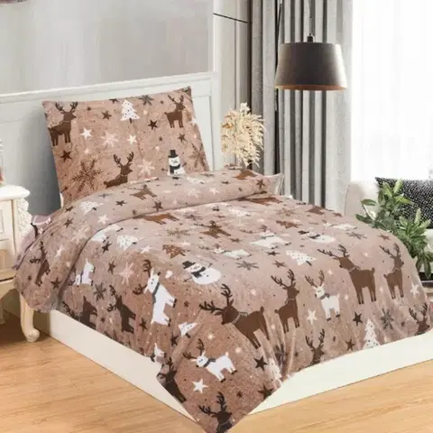 Obliečky Mikroplyšové obliečky vianočné Rozprávka hnedá 200x140cm+90x70cm TiaHome
