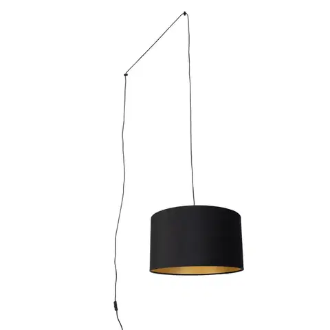 Závesné svietidlá Závesná lampa čierna so zástrčkou a čiernym tienidlom so zlatým interiérom 35 cm - Cavalux
